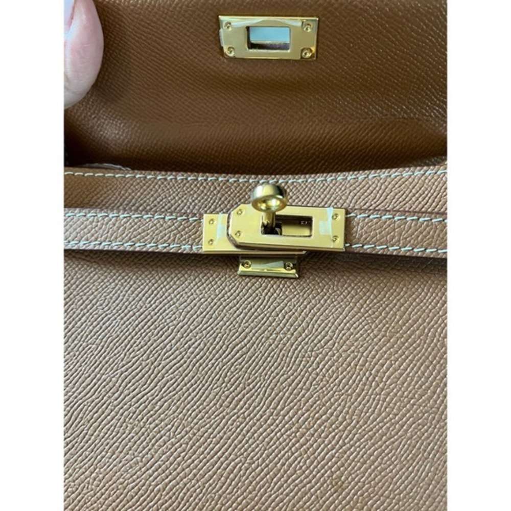 Brown Genuine Leather Mini Top Handle Crossbody Bag Gold Hardware Classic Chic - Picture 5 of 12
